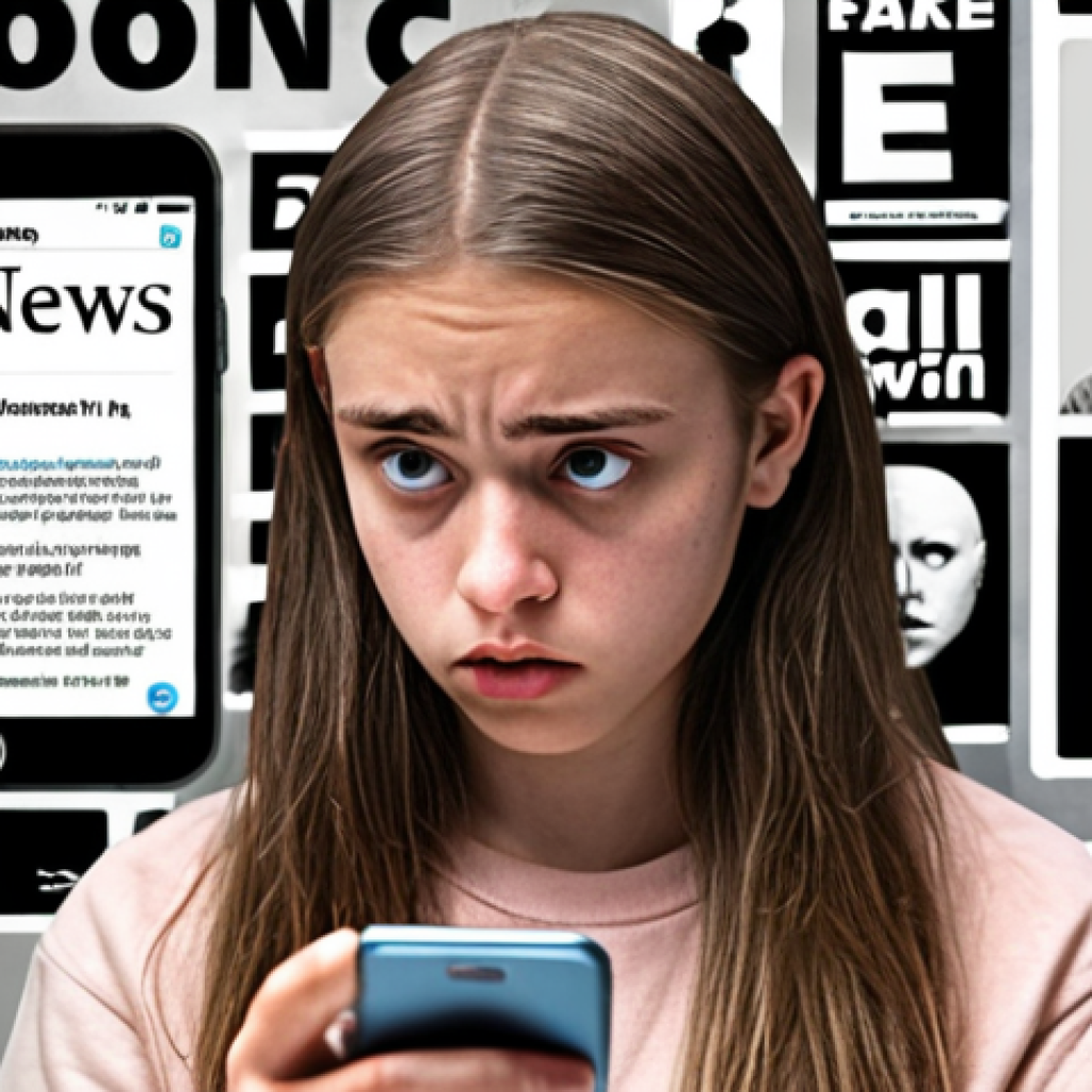 A young person using a phone, looking skeptical while scrolling through social media. Overlay text: "Fake News?" In the background, distorted images of news headlines and influencers. Style: Modern, slightly dystopian.