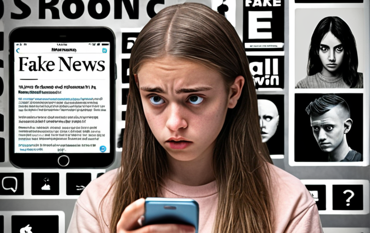 A young person using a phone, looking skeptical while scrolling through social media. Overlay text: "Fake News?" In the background, distorted images of news headlines and influencers. Style: Modern, slightly dystopian.