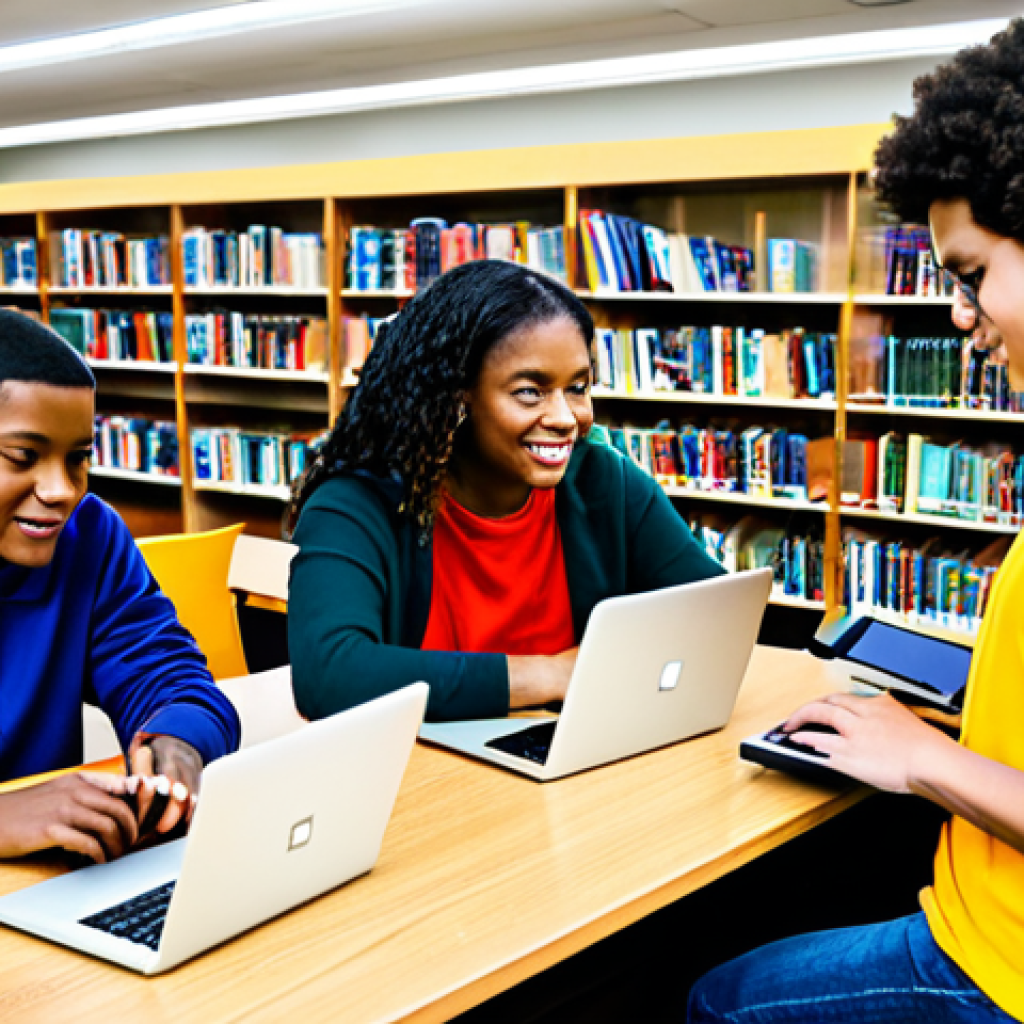 Bridging the Digital Divide**

A diverse group of fully clothed students are working together in a brightly lit library. Some are using laptops, while others are collaborating on a project with tablets. The scene emphasizes access and inclusivity.
The background features shelves of books and comfortable seating areas.
Safe for work, appropriate content, fully clothed, family-friendly.
Perfect anatomy, correct proportions, natural pose.
Professional, high quality.

**