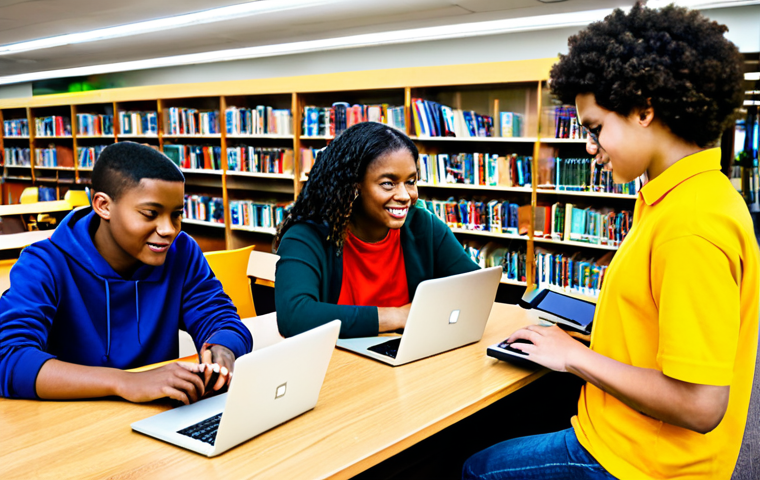 Bridging the Digital Divide**

A diverse group of fully clothed students are working together in a brightly lit library. Some are using laptops, while others are collaborating on a project with tablets. The scene emphasizes access and inclusivity.
The background features shelves of books and comfortable seating areas.
Safe for work, appropriate content, fully clothed, family-friendly.
Perfect anatomy, correct proportions, natural pose.
Professional, high quality.

**