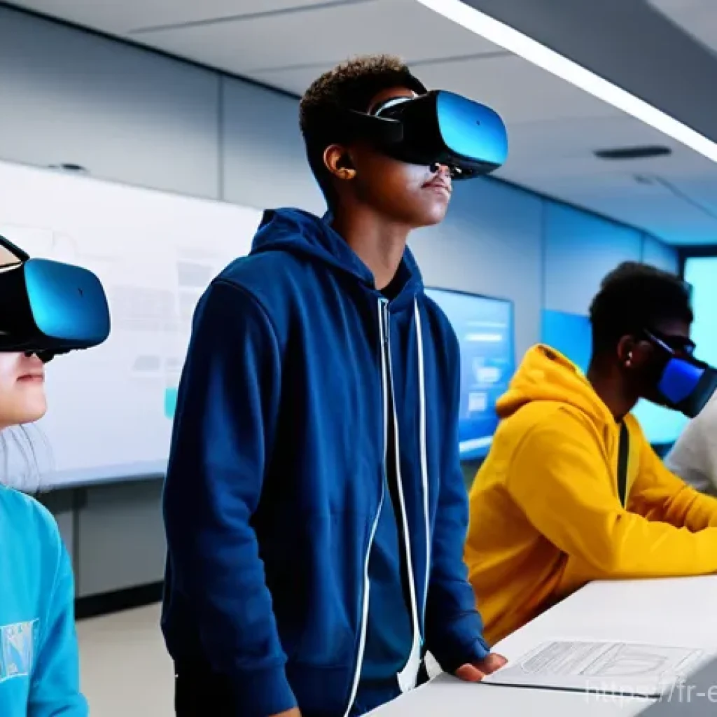 교육공학과 VR 실험실 구축 - A brightly lit, spacious, and modern virtual reality education lab. Diverse high school students, ag...