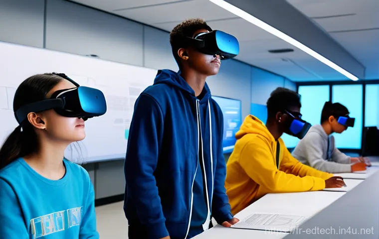 교육공학과 VR 실험실 구축 - A brightly lit, spacious, and modern virtual reality education lab. Diverse high school students, ag...