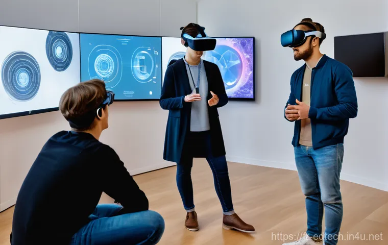 교육공학과 VR 실험실 구축 - A vibrant and immersive virtual reality scene from a slightly elevated first-person perspective, dem... 교육공학과 VR 실험실 구축 - A vibrant and immersive virtual reality scene from a slightly elevated first-person perspective, dem...