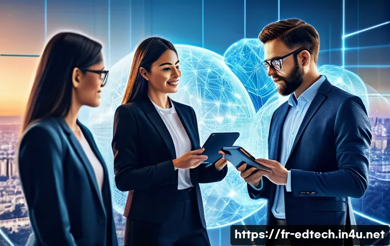 교육공학과 블록체인 기반 교육 인증 - **Global Digital Credentialing for Professionals:**
A vibrant, modern scene featuring a diverse ...