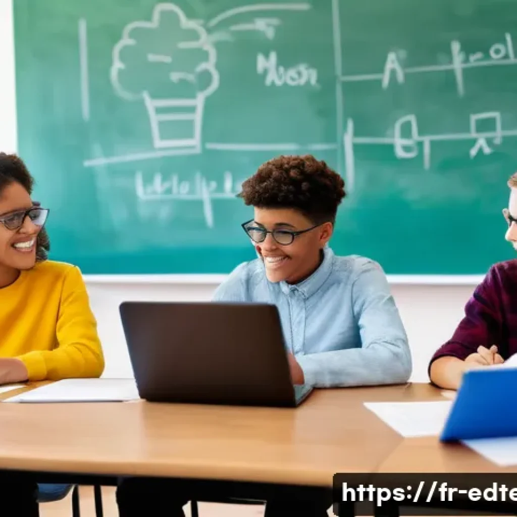 교육공학과 Google Classroom - A modern French classroom scene where a diverse group of students collaborates on shared digital doc...
