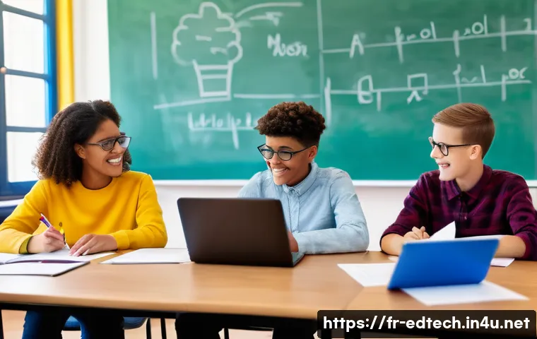 교육공학과 Google Classroom - A modern French classroom scene where a diverse group of students collaborates on shared digital doc...