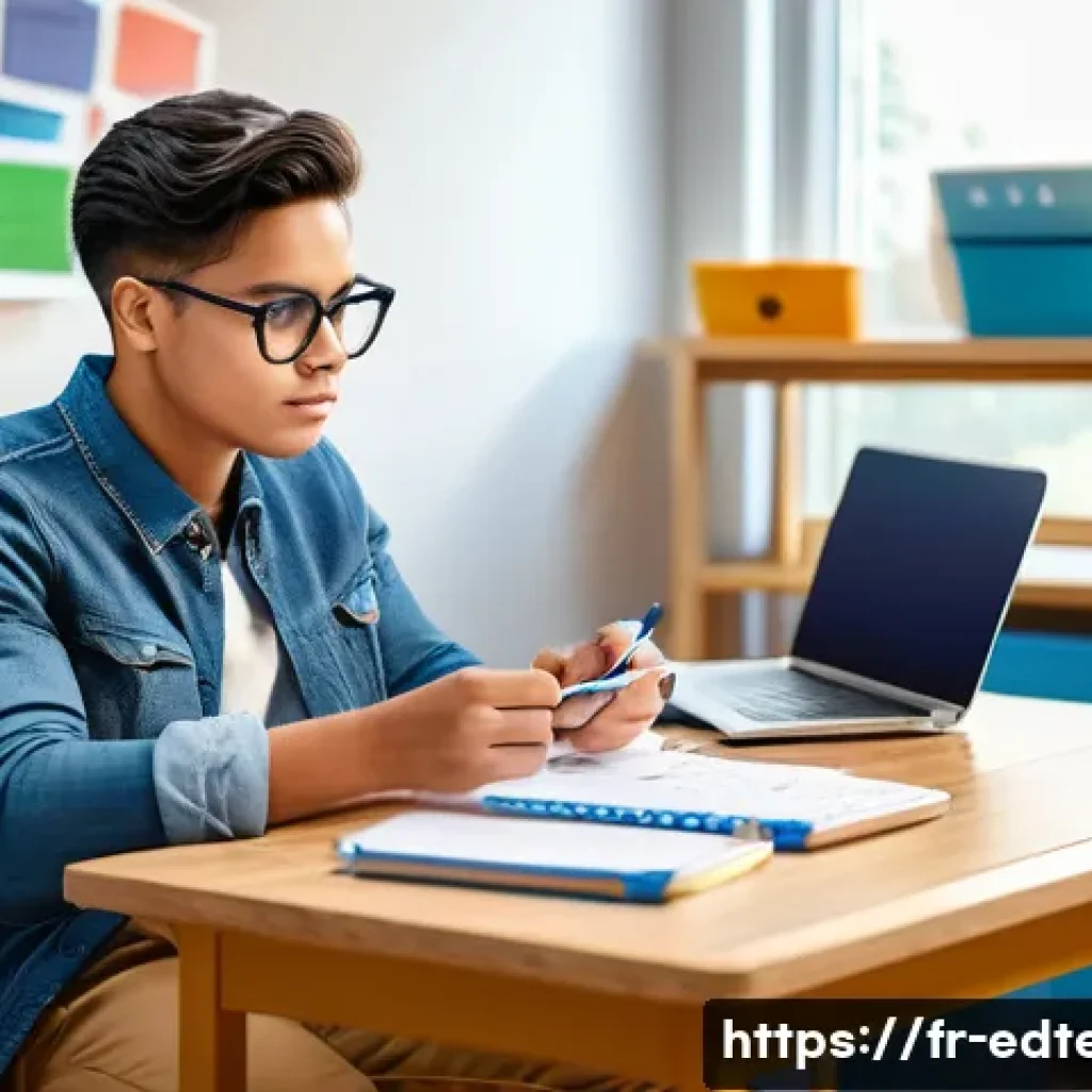 교육공학과 메타인지 전략 - A focused young adult student sitting at a neatly organized desk in a bright, modern study room, sur...