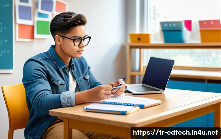 교육공학과 메타인지 전략 - A focused young adult student sitting at a neatly organized desk in a bright, modern study room, sur...