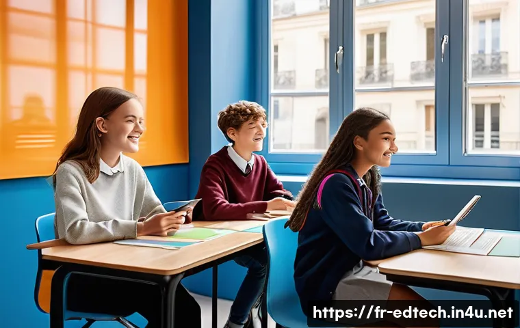 교육공학과 디지털 평가 방법 - A modern classroom scene in a French high school featuring diverse students aged around 15-17 engage...