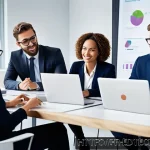 Home 19 교육공학과 직업 교육 기술 - A modern corporate training setting showing a diverse group of professionals engaging with digital l...
