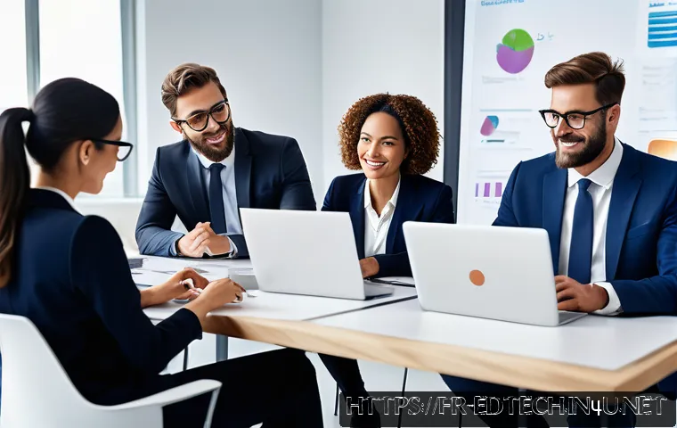 교육공학과 직업 교육 기술 - A modern corporate training setting showing a diverse group of professionals engaging with digital l...