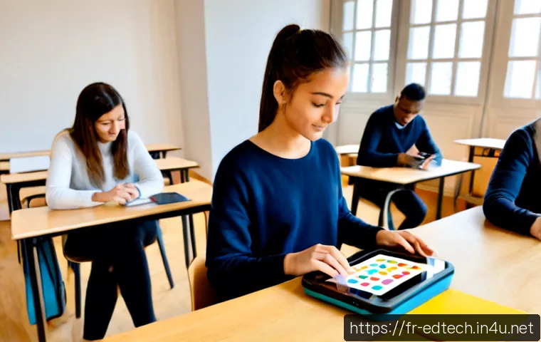 교육공학과 학습 도구 개발 - Photorealistic educational technology workshop in a modern French university, diverse adult students...