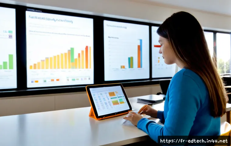 교육공학과 학습자 데이터 분석 - Photorealistic educational technology classroom in a modern French university, diverse adult student...